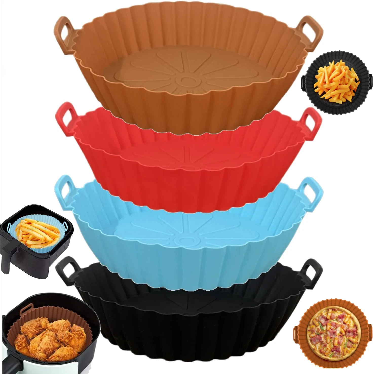 8/9.4in Air Fryer Silicone Basket-Reusable Non-Stick Tray Baking Tray for Pizza Fried Chicken Fries-Air Fryer Liners Accessories