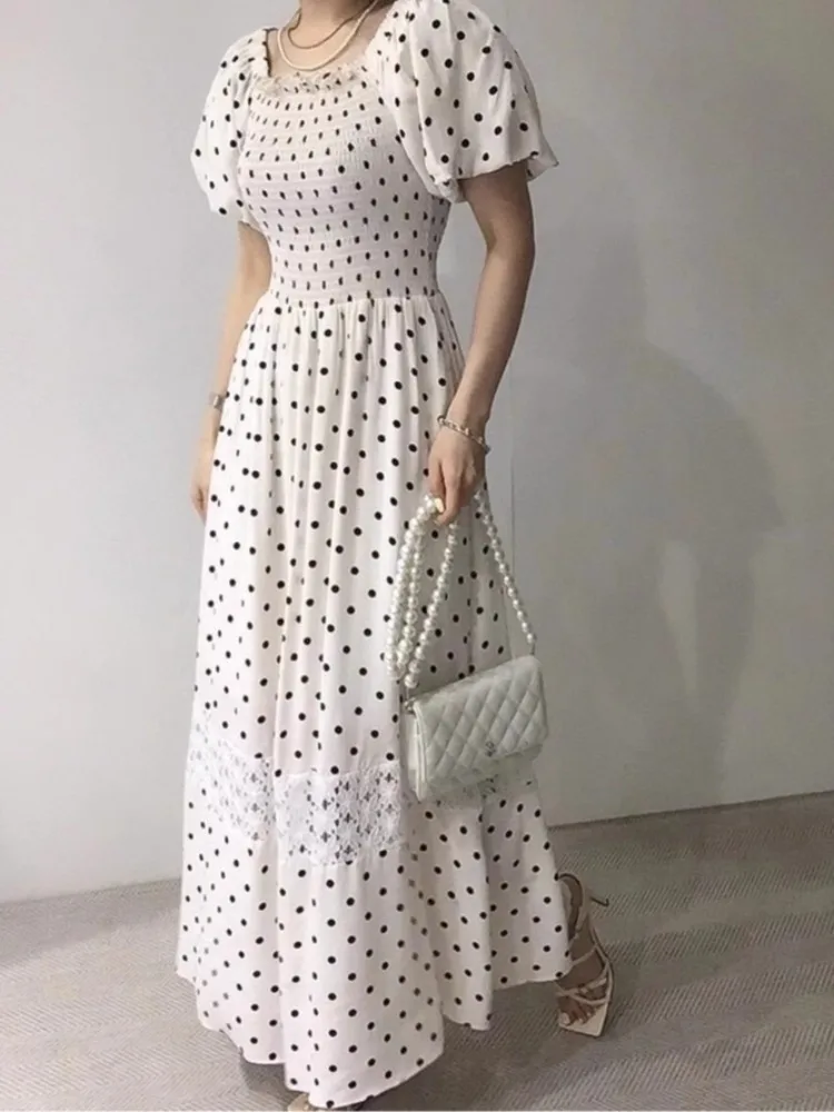 Long Polka Dot Lace Splice Waist Cinching Dress Dongda Gate Summer Unique Fashionable Elegant Style Maxi  Dress