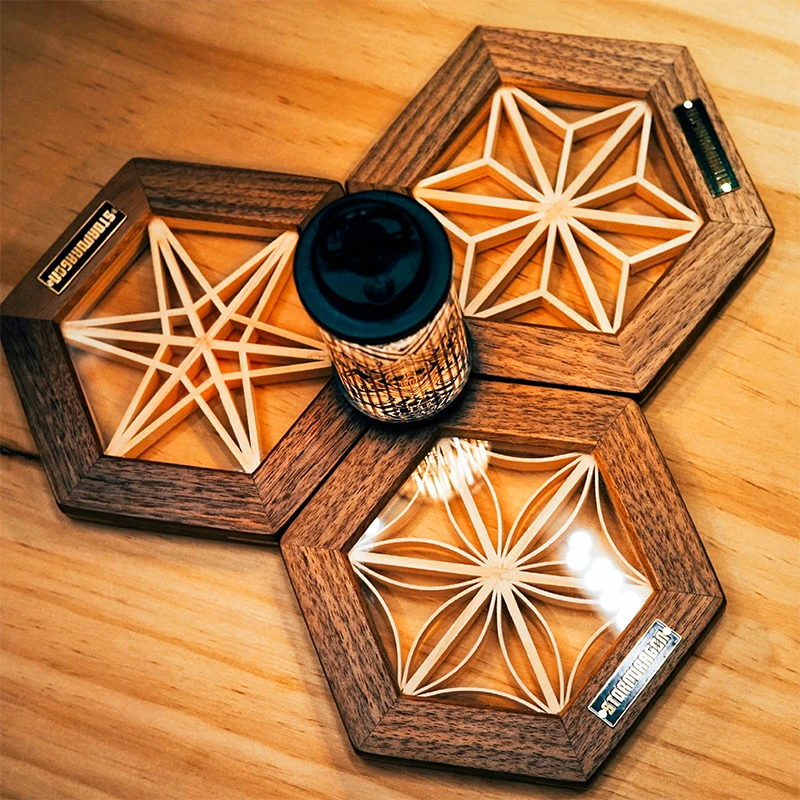 Camping wooden coasters, hexagonal wooden coasters, glass and solid wood splicing anti slip cup coasters