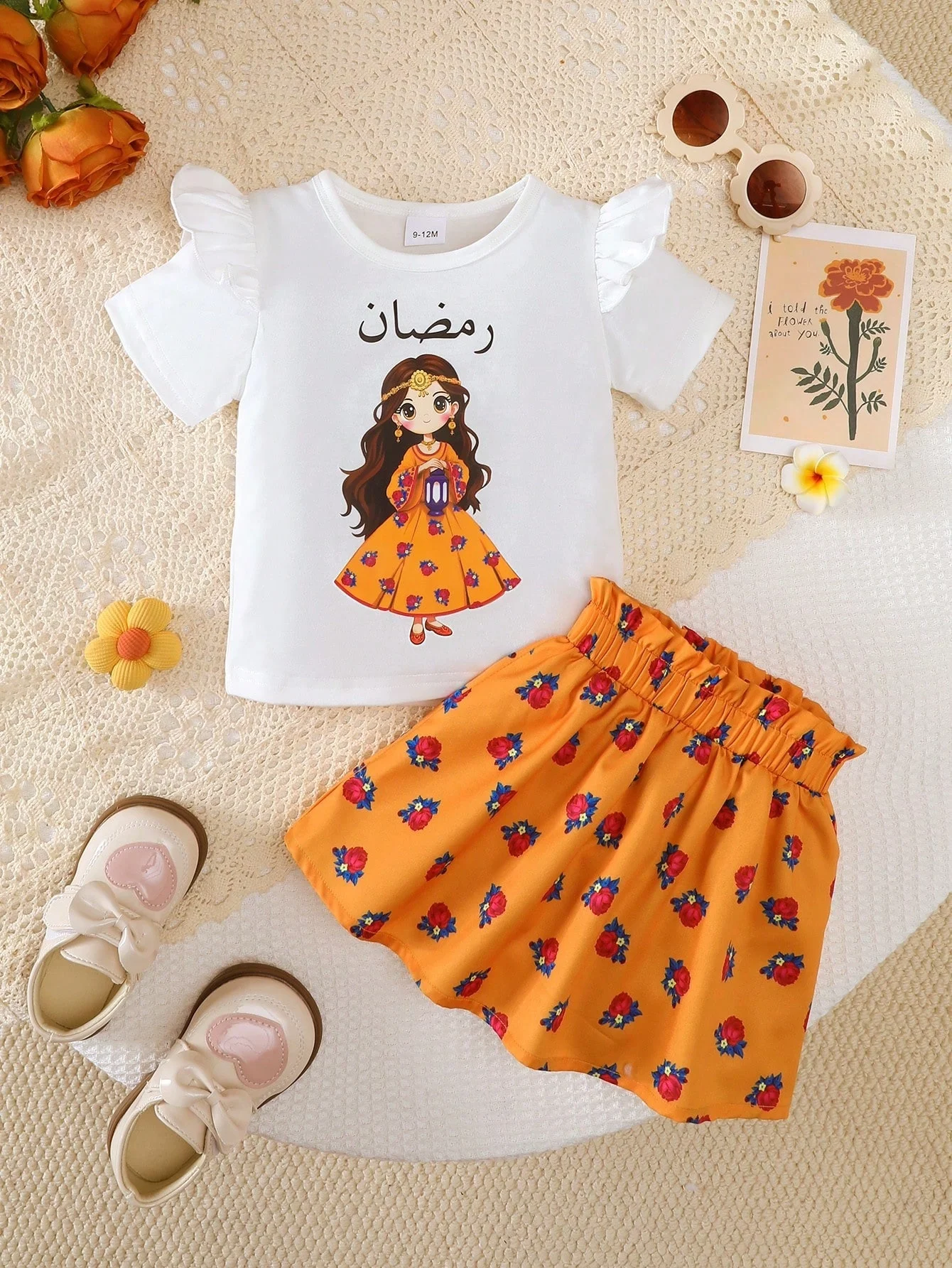 Sommer 0-3 Jahre altes Kleinkind Baby Mädchen kleines Mädchen bedrucktes Kurzarmhemd und Sudan Rose bedrucktes Halbski