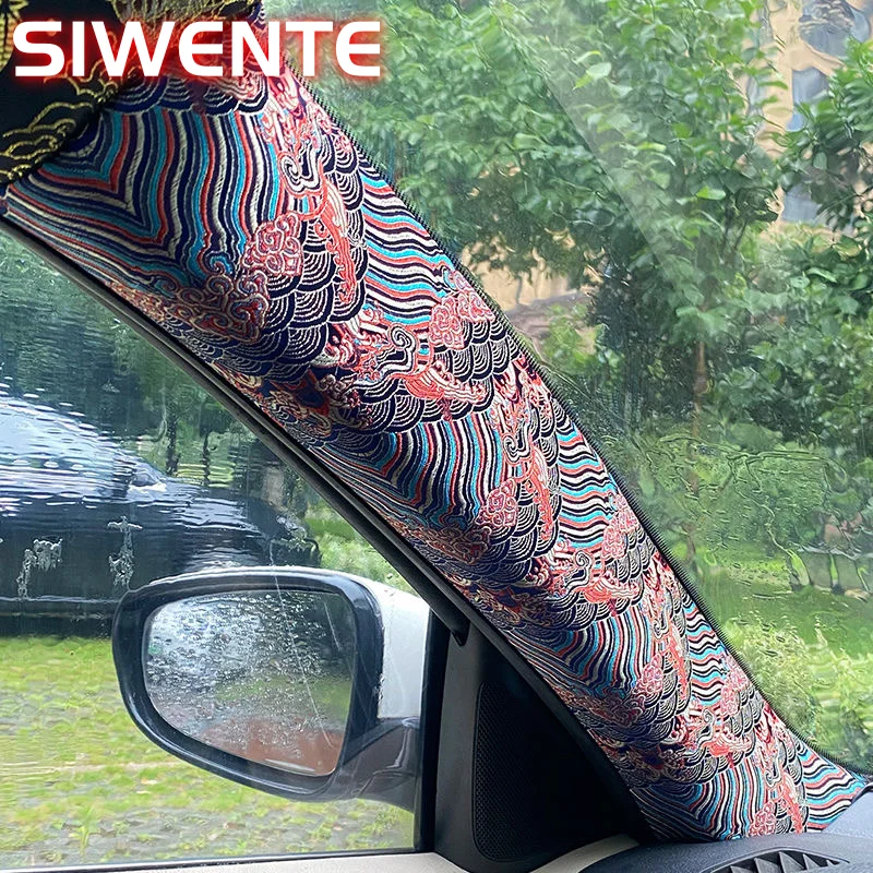 

1PC Car Interior Stickers High-grade Brocade Satin Embroidery Stickers Self-adhesive Fabric Stickers Universal AB Pillar Decal