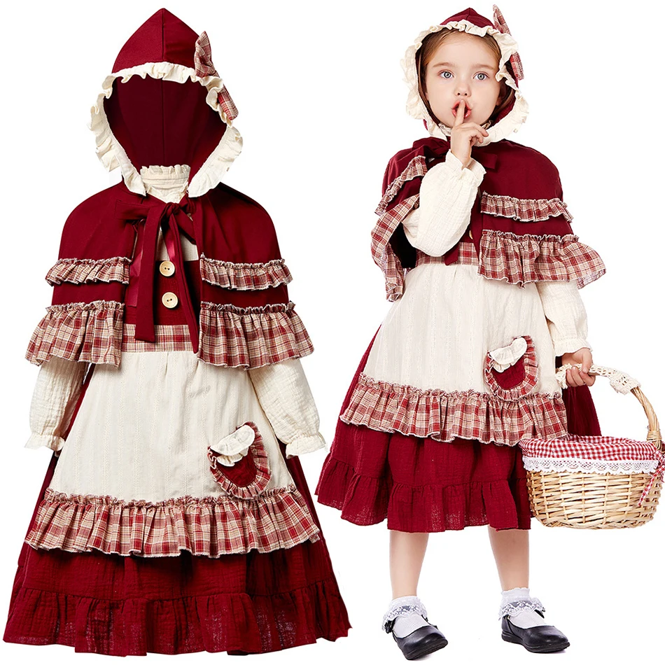 Girls Cosplay Lolita Dress Tops Hooded Cloak Apron Headscarf Sets Children Stage Performance Costume Kid Role Play Deluxe Outfit