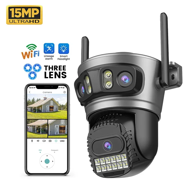 2026 15MP Three-Lens Outdoor Security CCTV Dome Camera Colorful Night Vision Wide Angle Two-Way Audio Auto Tracking PTZ WiFi Cam