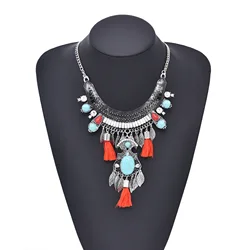 Vintage Silvery Leaf Red Thread Tassel Statement Necklace for Women Blue Acrylic Turquoise Moon Choker Boho Afghan Neck Jewelry