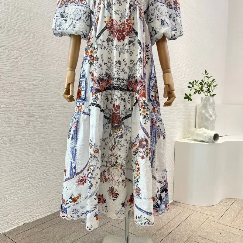 Vestido longo com estampa floral de meia manga para mulheres, Decote V, renda bordada, vestido vintage Midi, estampa floral branca