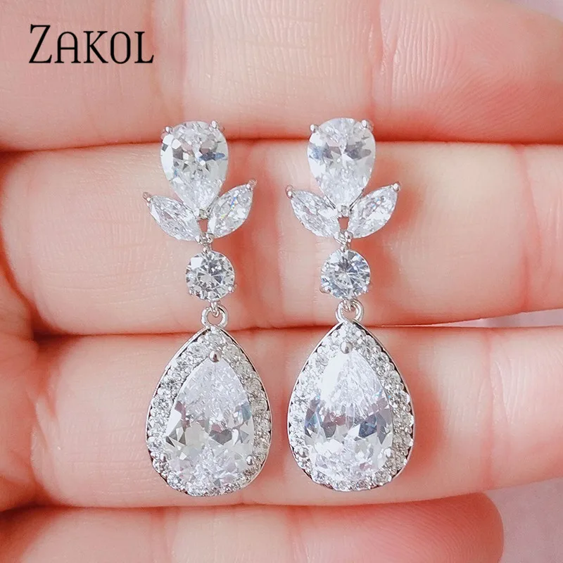 ZAKOL Bridal Zircon Leaf Dangle Earrings For Women Shinny Water Drop Crystal Flower Pendant Earring Wedding Jewelry