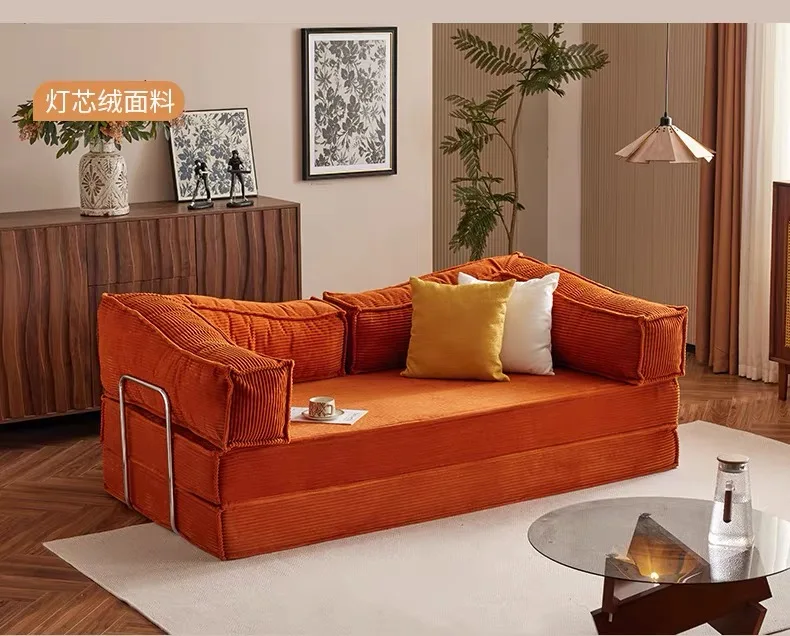 straight row living room Medieval fabric sofa home module double three people folding dual-purpose retro removable