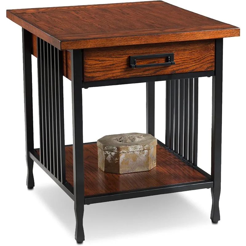 11207 Ironcraft Rustic One Side Shelf, End Table w/Drawer, Mission Oak and Black