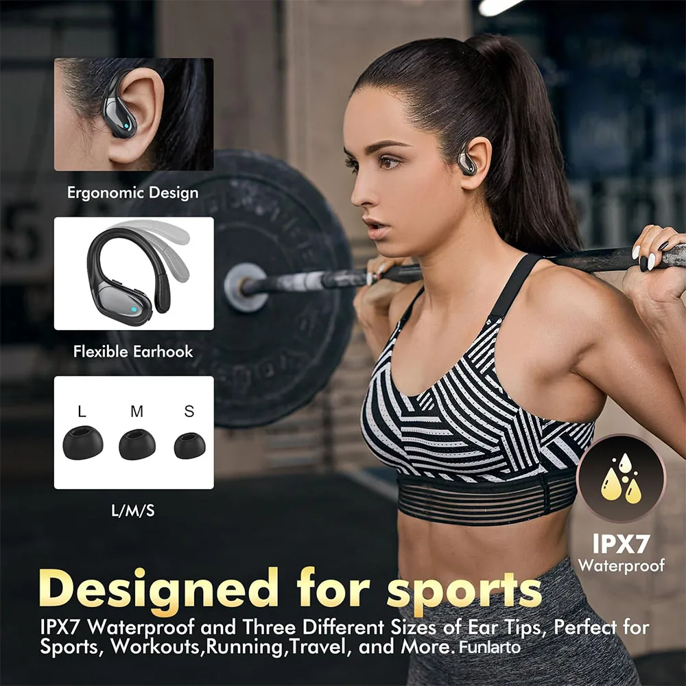 Funlarto Wireless Headphones Sport Bluetooth Earphones IPX7 Waterproof Earbuds 75 Hrs Battery with Mic LED Power Display for Gym