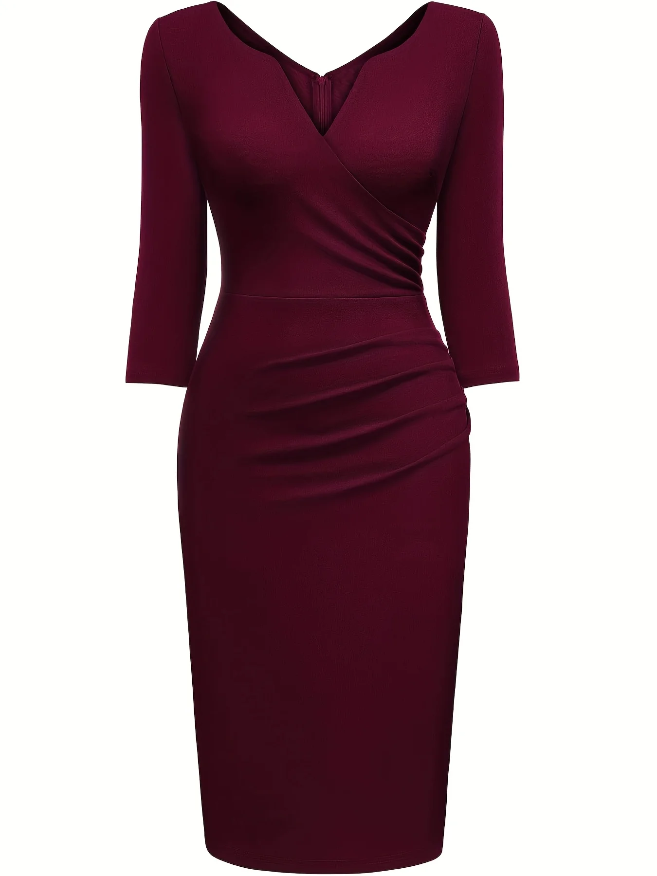 Damen Vintage 2/3-Ärmel Tiefer V-Ausschnitt Gerafftes Schlankes Knielanges Cocktail-Party Wickel-Bodycon-Bleistiftkleid – Detail 10