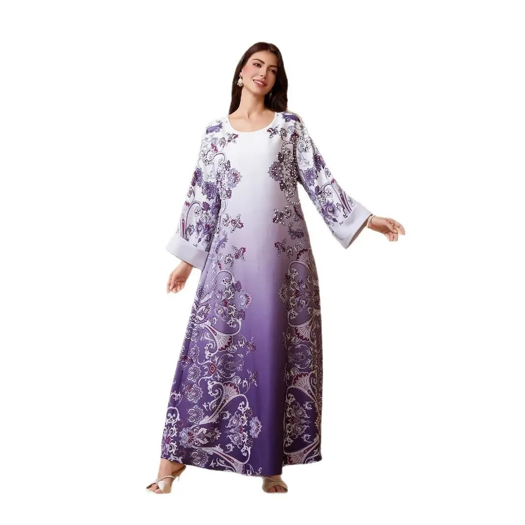 Medio Oriente transfrontaliero nuovo abbigliamento da donna musulmana veste stampa perline di diamanti caldi girocollo commercio estero all'ingrosso