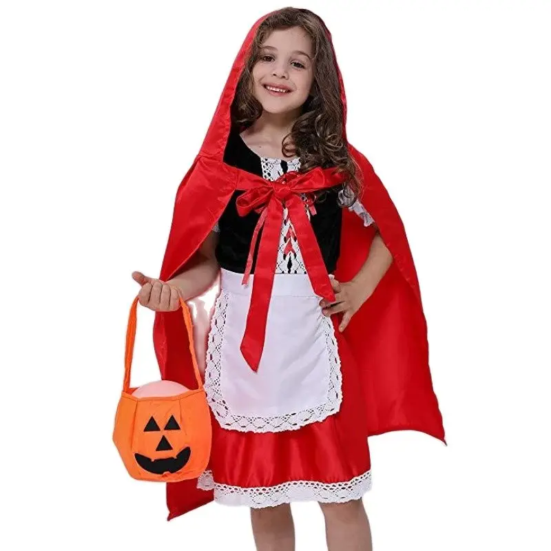 Girls Little Red Riding Hood Costume Dress Up Outfits with Cloak Headband Pumpkin Bag for Halloween Cosplay Costumes