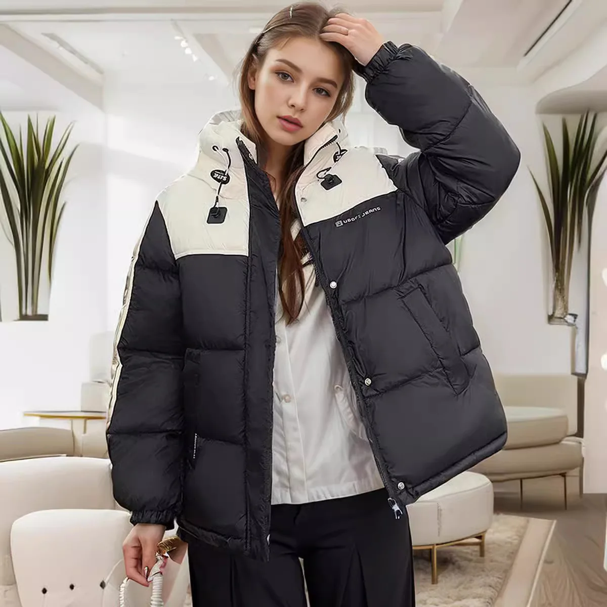 

YJKDYK 2024 New Winter Women's Jacket Female Contrast Hooded Casual Cotton Jacket Women's Thicken Warm Padded Jacket Parka