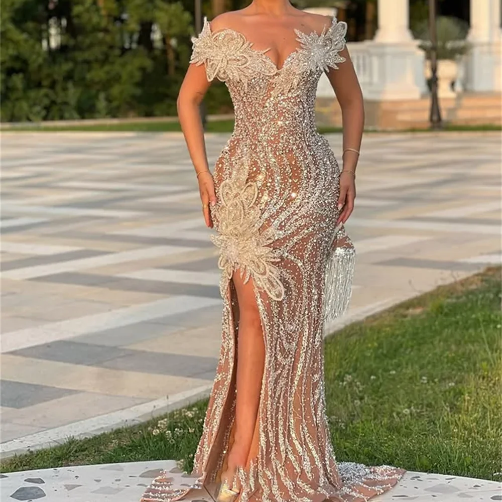 

Роскошные расшитые блестками бисерные аппликации без рукавов Русалка Вечерние платья День рождения Пром платья по индивидуальному заказу