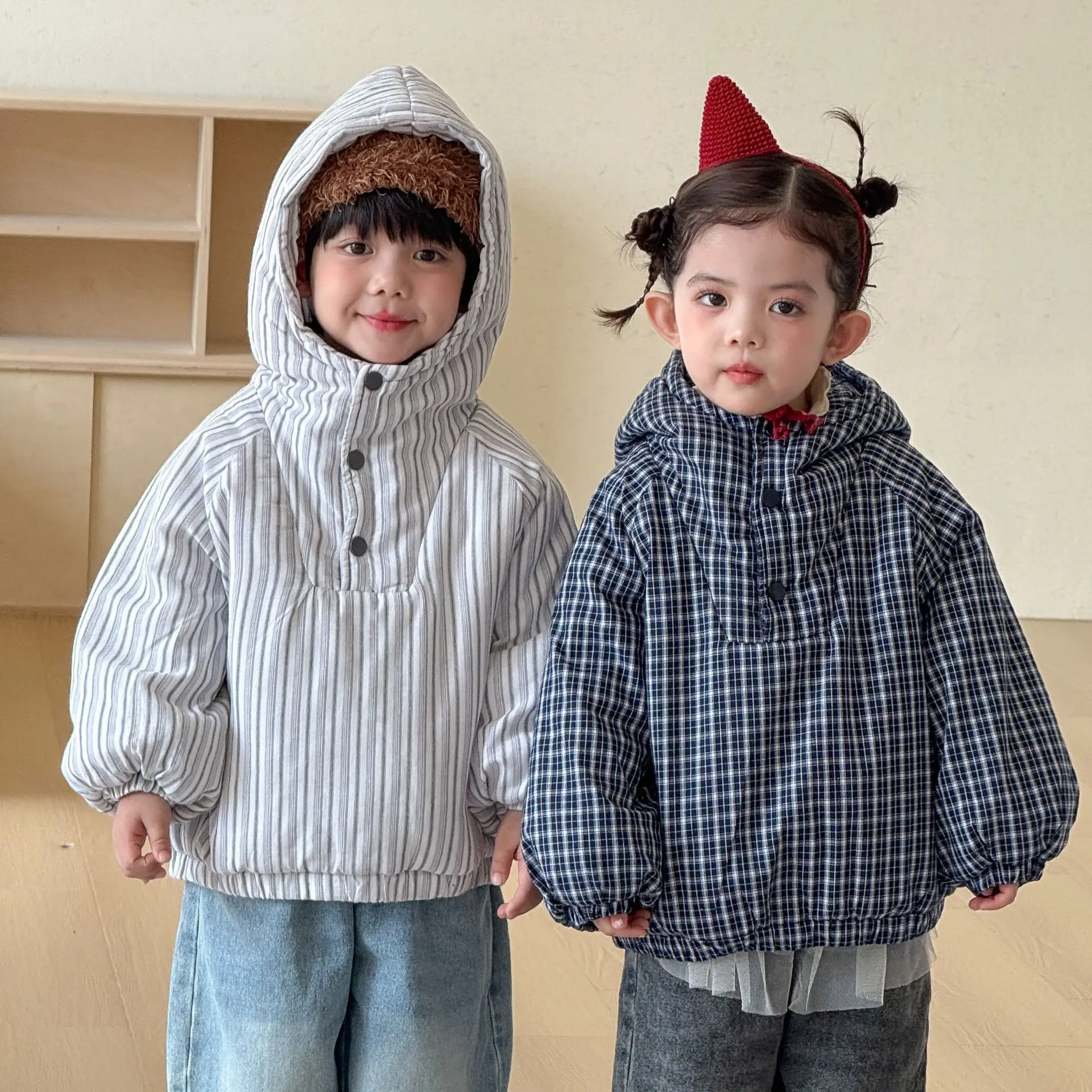 2026 Winter New Children Cotton Padded Jacket Plus Velvet Thick Boys Warm Plaid Coat Girls Hooded Quilted Coat Kids Clothes