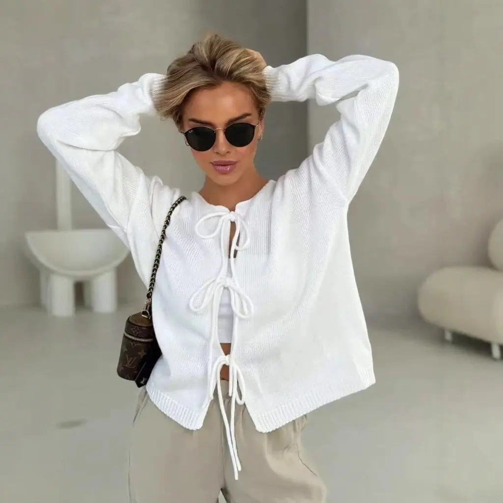 

Новый стильный вязаный открытый кардиган с поясом, женский свободный свитер с длинными рукавами и круглым вырезом на осень