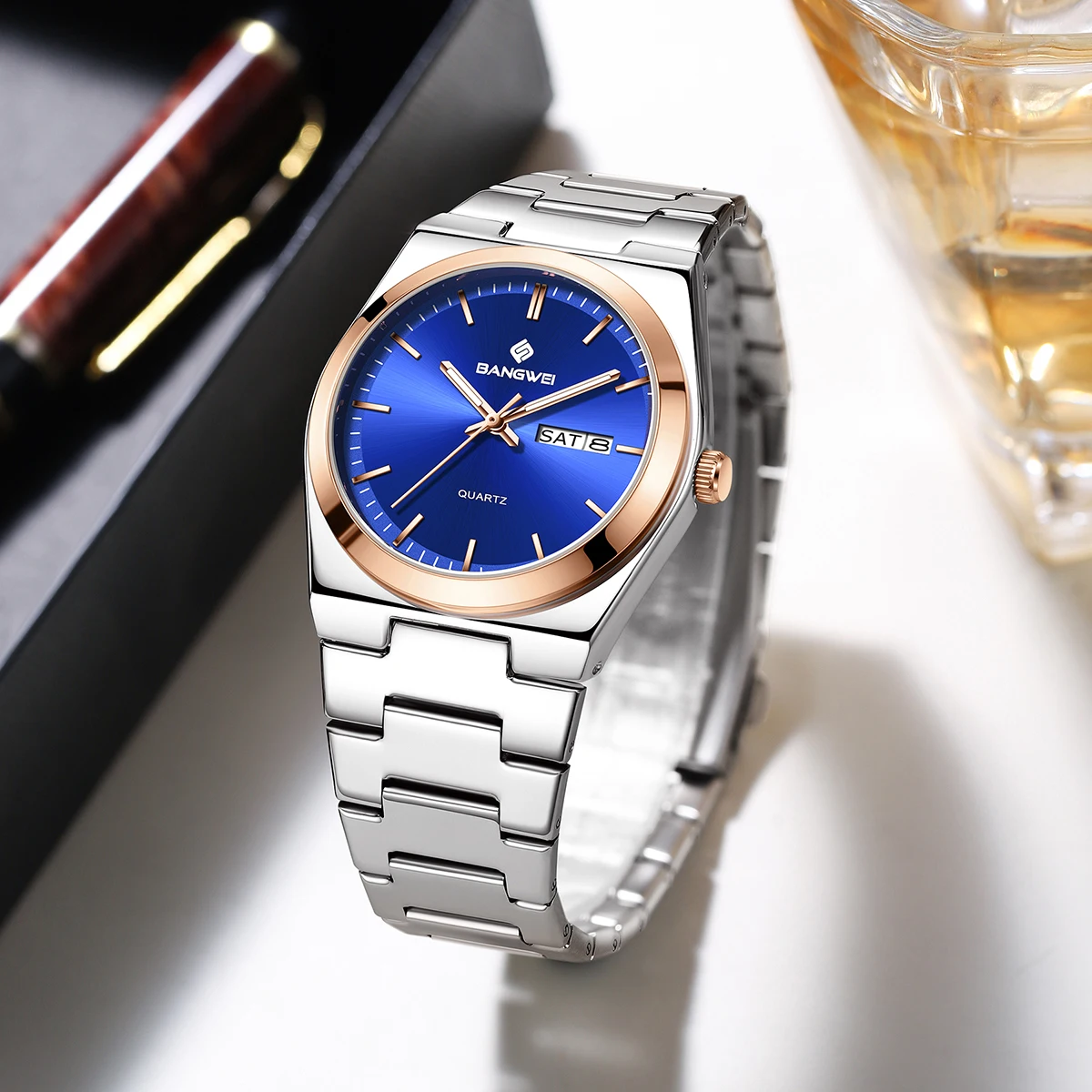 BANGWEI الفاخرة الرياضة كوارتز رجل ساعة اليد مقاوم للماء مضيئة تاريخ الأسبوع الرجال الساعات الفولاذ المقاوم للصدأ ساعة رجالي ذكر Reloj + صندوق