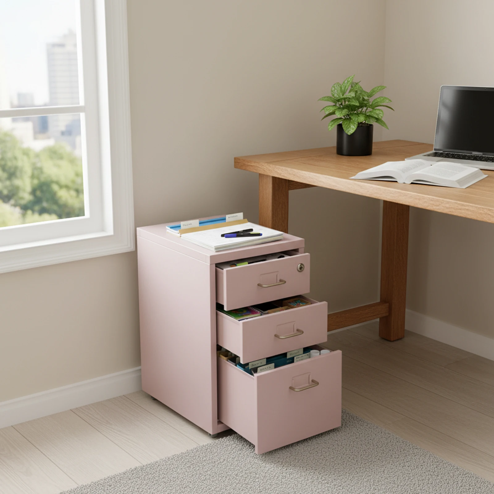 Pink Metal 28*41*46.5cm 3-layer Wheeled File Lock Cabinet Movable Locker Silent Drawer Filing Cabinet