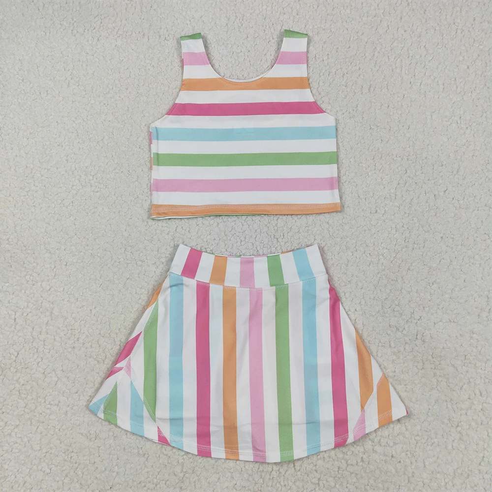 

Baby Girls Sleeveless Colorful Stripes Top Skort Set Active Wear Kids Yoga Outfit Pastel O-Neck Short Skirt Active Sets