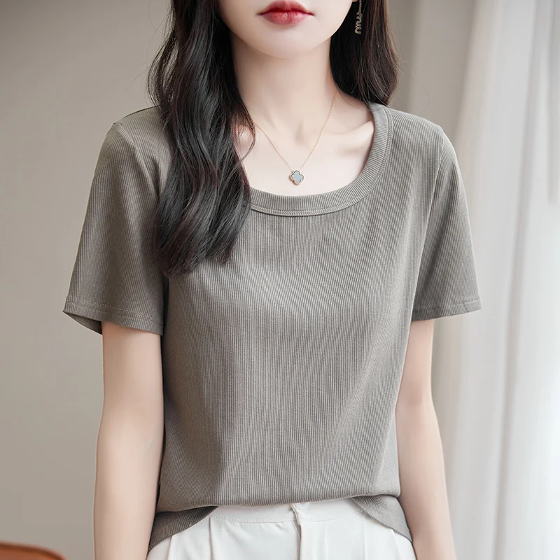

U-Neck Cotton Vest Women's Summer Short-Sleeved Blouse With Acetic Acid Satin Top Sleeveless Bottoming Shirt