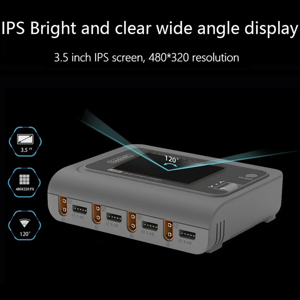 ToolkitRC Q4AC charger XT60 Adapters IPS Bright With Clear Wide Angle Display 4x50w 5A AC 100W 4 Port DC Smart Discharger AC DC