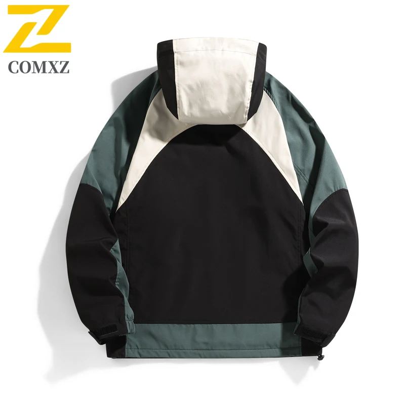 Multifunctional Waterproof Jacket Mens Harajuku Color-blocking Stitching Work Windbreaker Autumn New Camping Fishing Hooded Coat