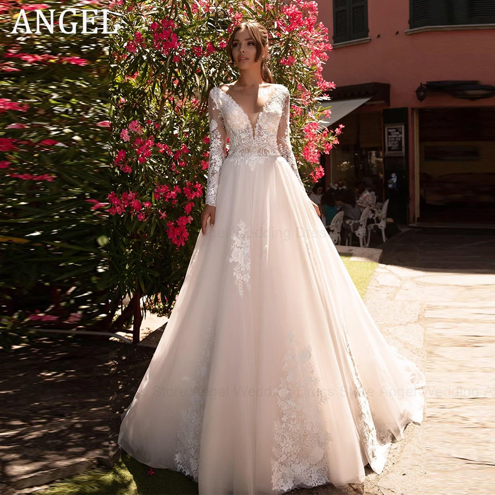 

ANGEL Vintage Long Sleeves Wedding Dress V-Neck Button Back Robe De Mariée A-Line Applique Sweep Train Tulle Bridal Gowns