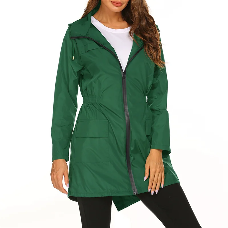 

ABKO-Women's Waterproof Rain Jacket Mid Long Zip Front Outdoor Hooded Raincoat