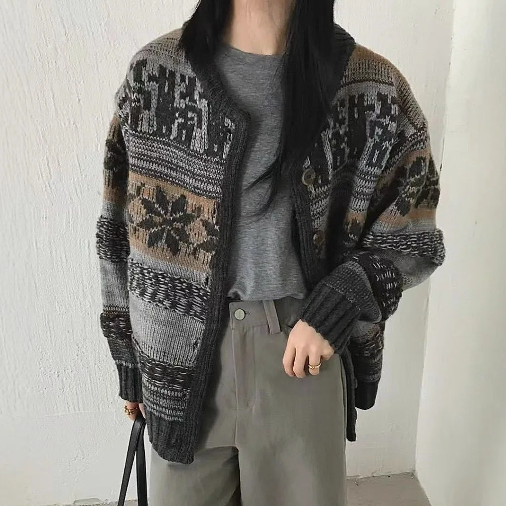 

Knitted Cardigan Sweaters Women Jacquard Jumpers Round Neck Long Sleeves Open Stitch Loose Casual Office Lady 2025 Autumn Winter