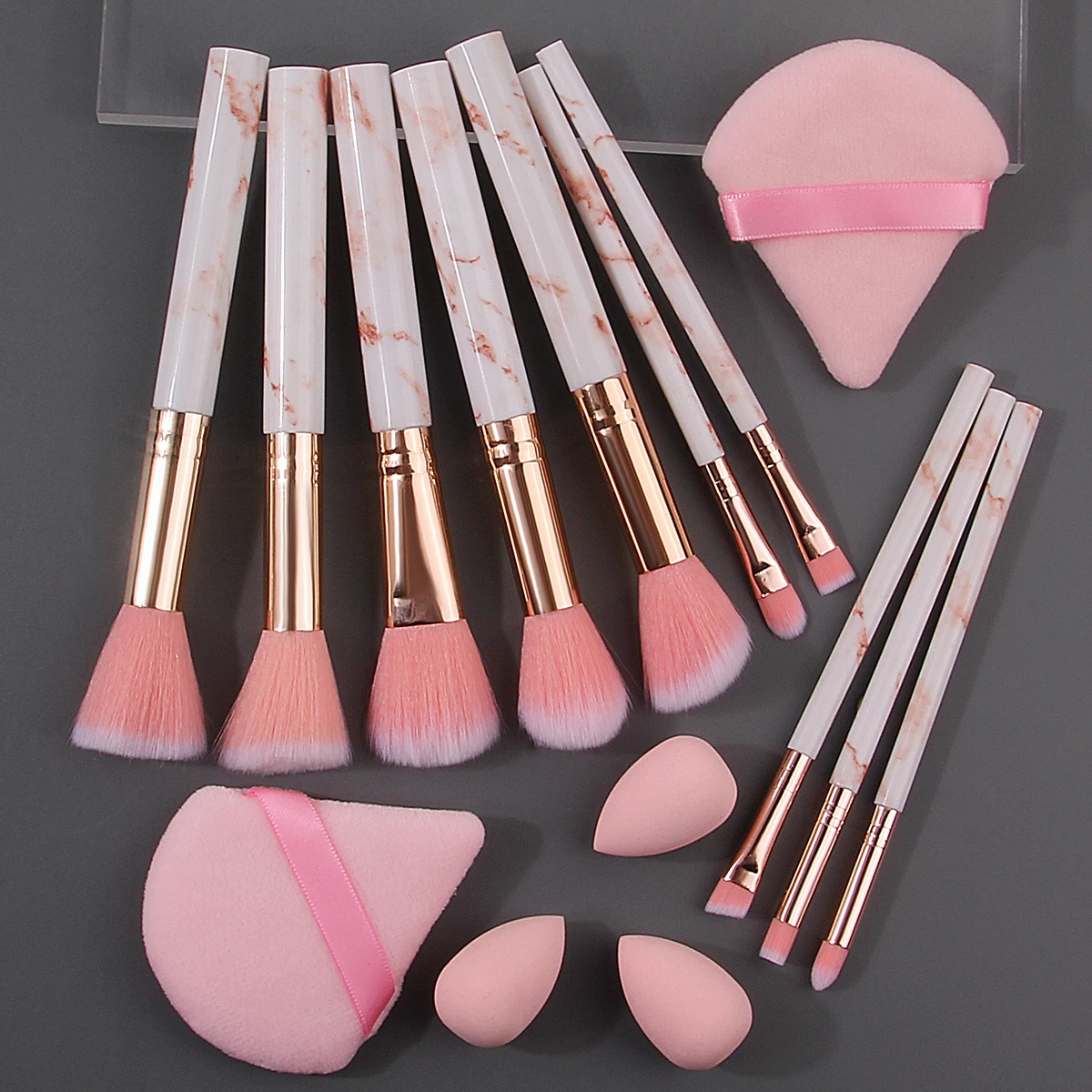 10 STKS gemarmerde multifunctionele make-up kwastenset + 2 STKS driehoekige poederdons + 3 STKS mini spons schoonheid ei schoonheid gereedschap