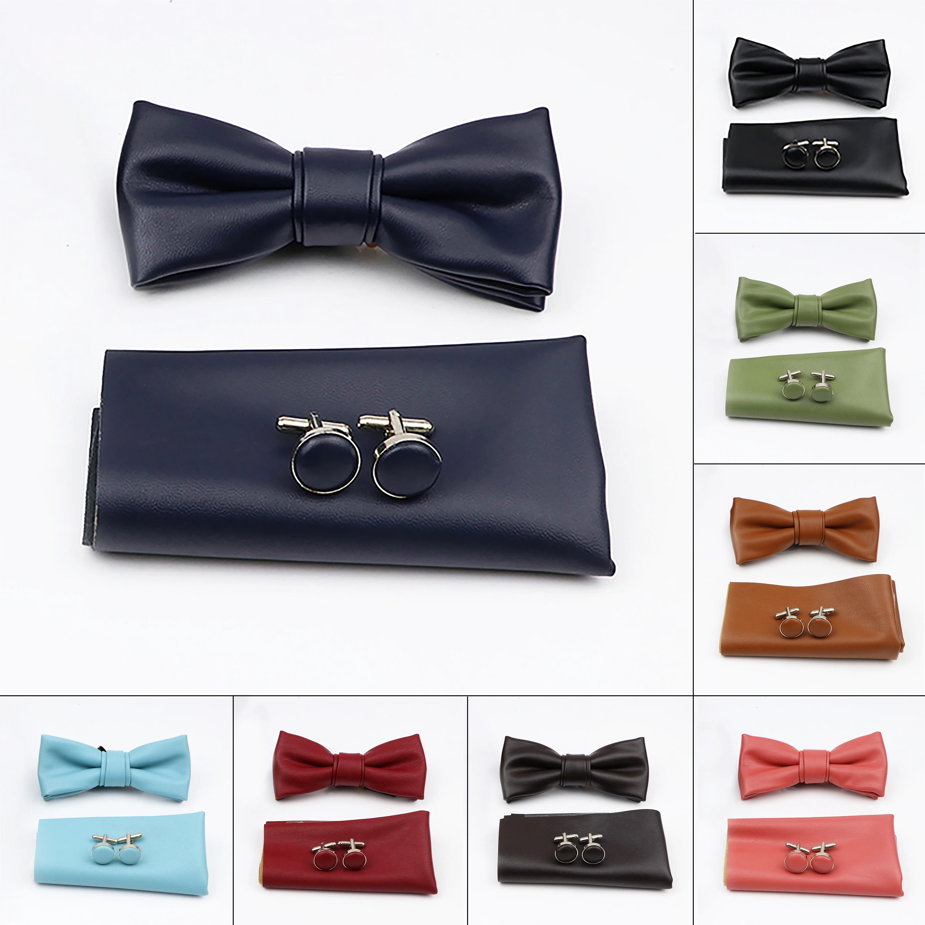 

Fashion Brand Novelty Tie Pu Leather Pocket Squares Cufflink Set Bowtie For Men Business Wedding Party Shirt Accessories Gift