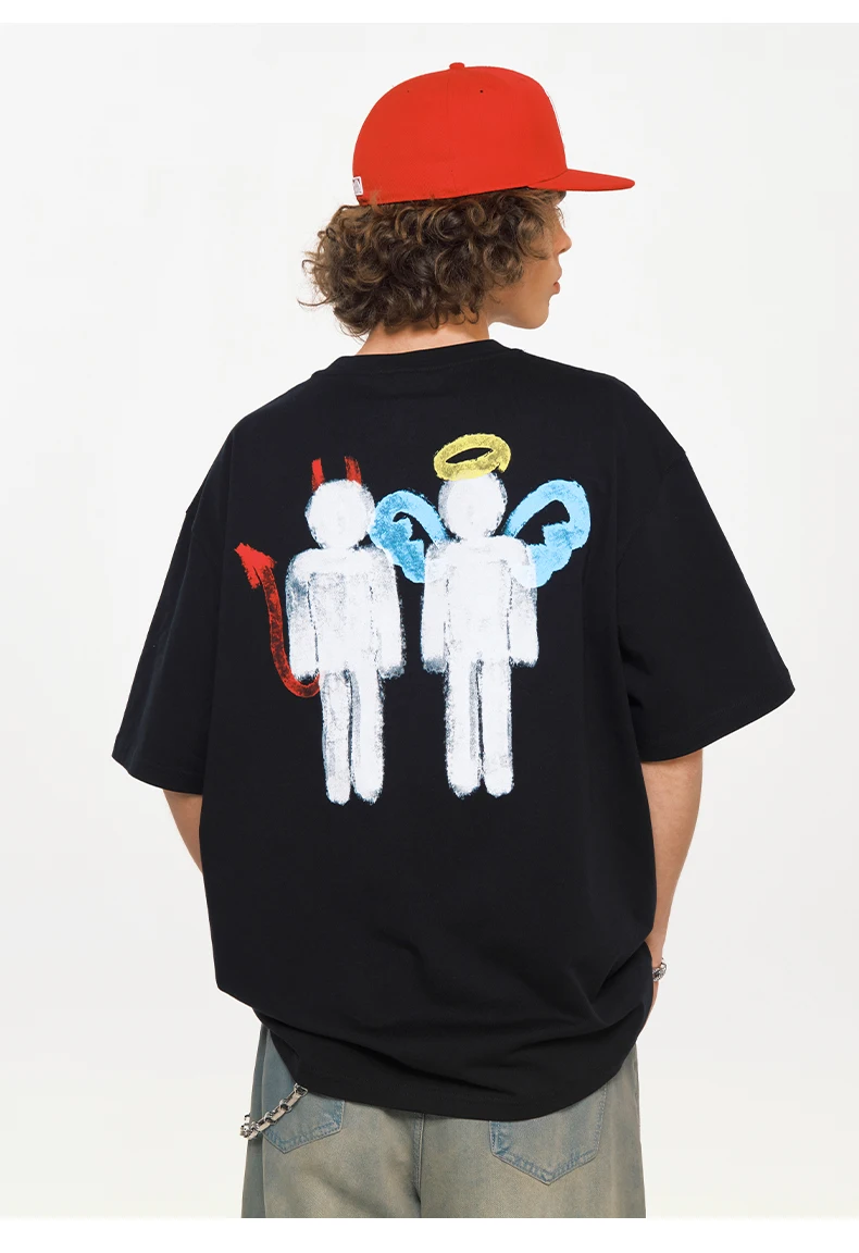 

Tide Marque Angel Devil Graffiti Manches Courtes 100 % Coton Impression T-shirt Couple Ample Pour Hommes Été