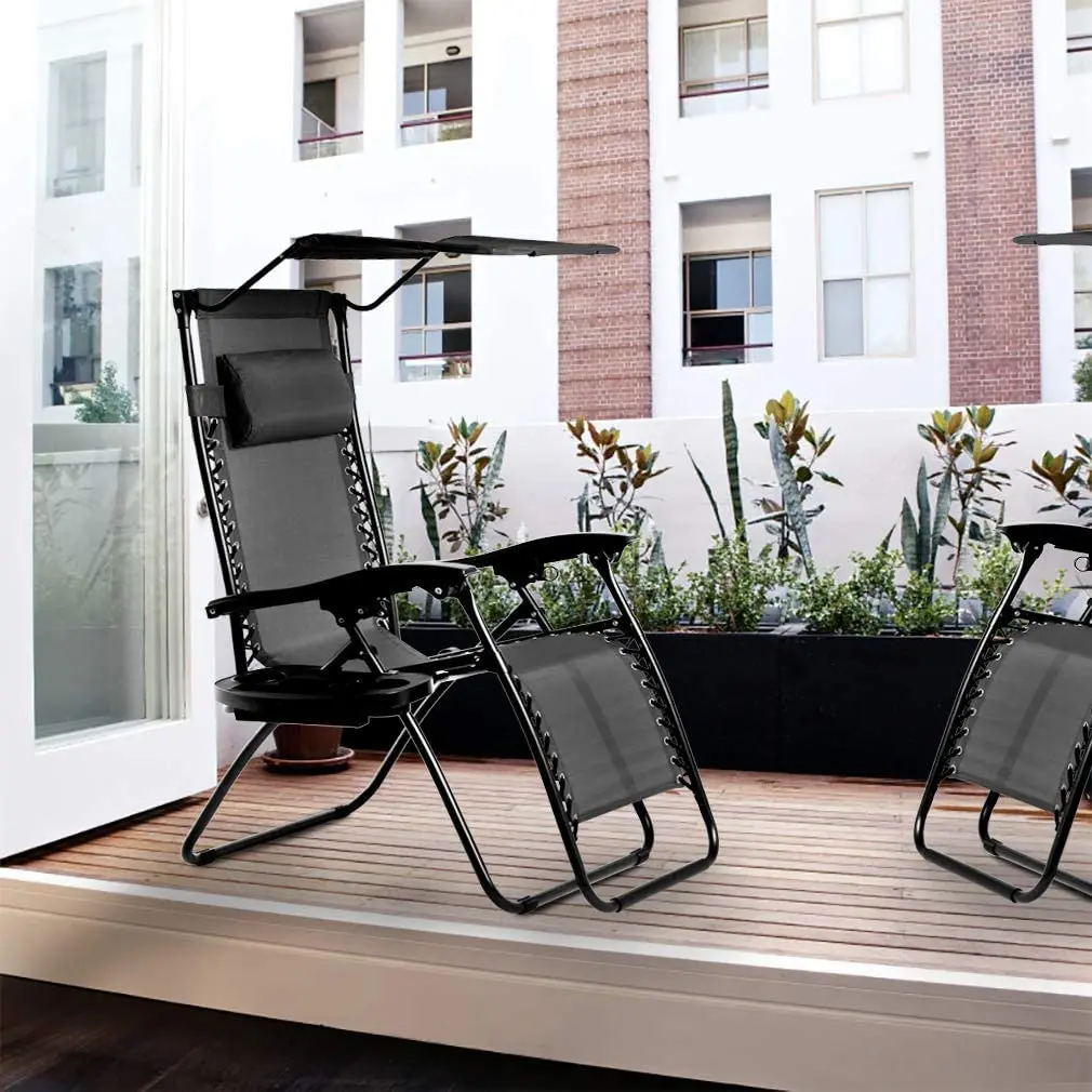 Heavy Duty Zero Gravity Lounge Chair with Backrest Sunshade Canopy & Cup Holder Tray Folding Portable Handle 2PCS, Customized view 3