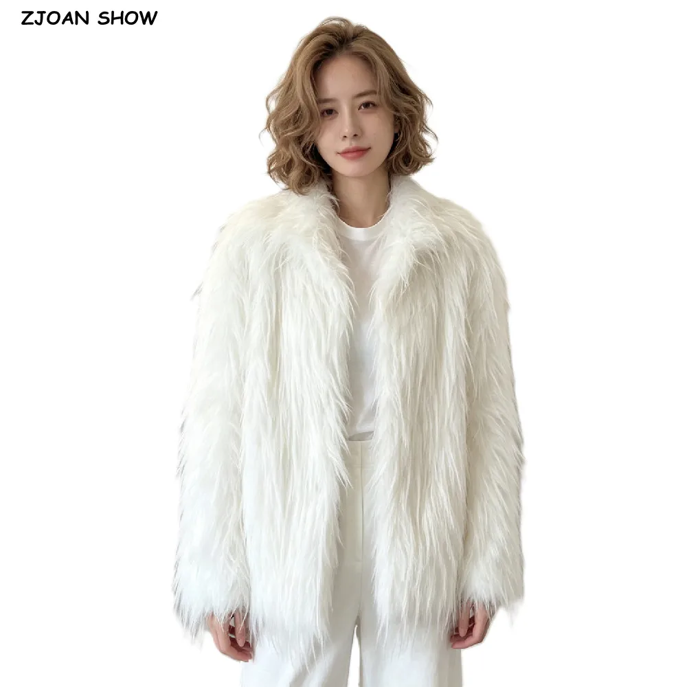 Winter Women White Tassel Long Hairy Shaggy Faux Fur Coat Lapel Collar Long Sleeve Furry Warm Jacket Midi Coat Loose Outerwear