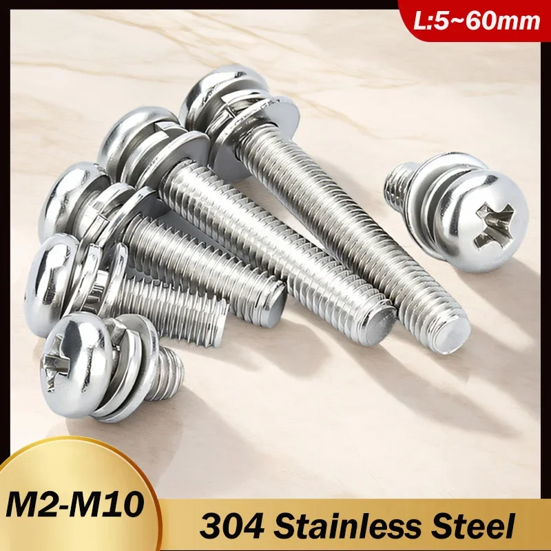 M2 M2.5 M3 M4 M5~M10 304 Stainless Steel Round Head Phillips Pan Head Screws with Flat Washers Spring Washers Assembly Bolts