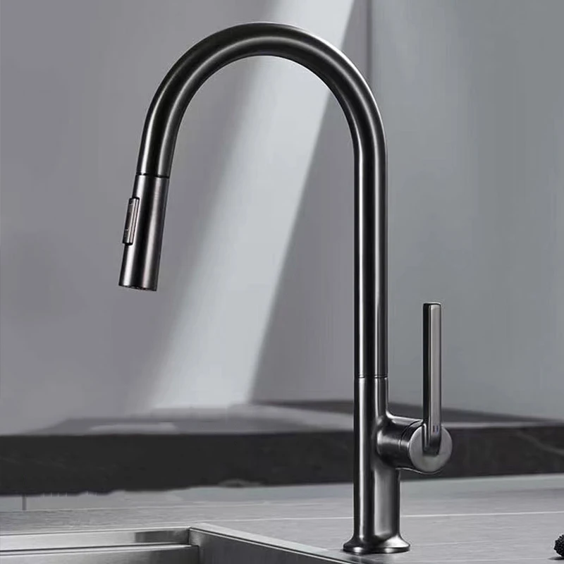 Grey Pull Out Kitchen Sink Faucet Brass 360 Degree Rotation Two Model Stream Sprayer Nozzle Hot Cold Wate Mixer Tap