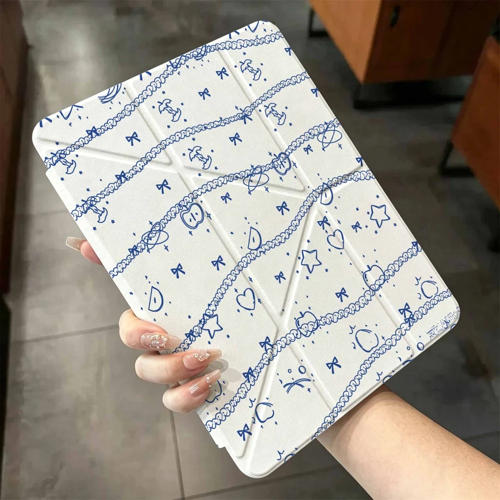 Blue White Apple Pattern For iPad mini Air Pro 13 12.9 11 10.9 10.5 10.2 9.7 8.3 7.9 inch 5 6 7 8 th Pen slot Tablet Case
