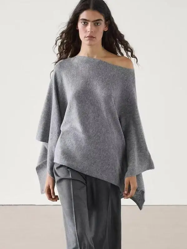 Свободный крой, круглый асимметричный дизайн, оulder Bared Batwing Sve Cowl Ne, вязаный свитер, Новое поступление, женская мода