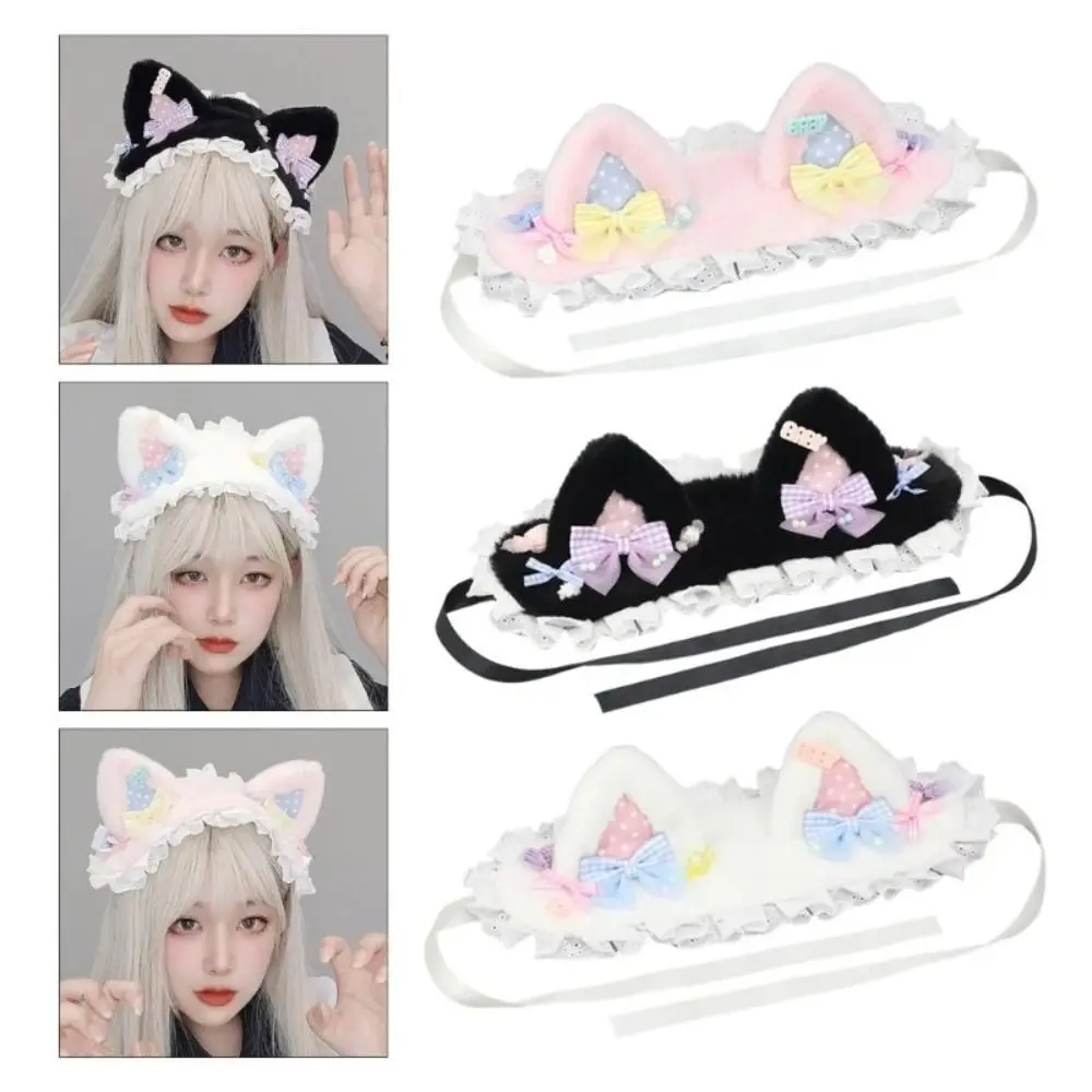 Sweet Bow Cat Ears Headband Furry Plush Bear Ear Hair Band Headwear Polka Dot Lolita Bandeau Lolita Accessories