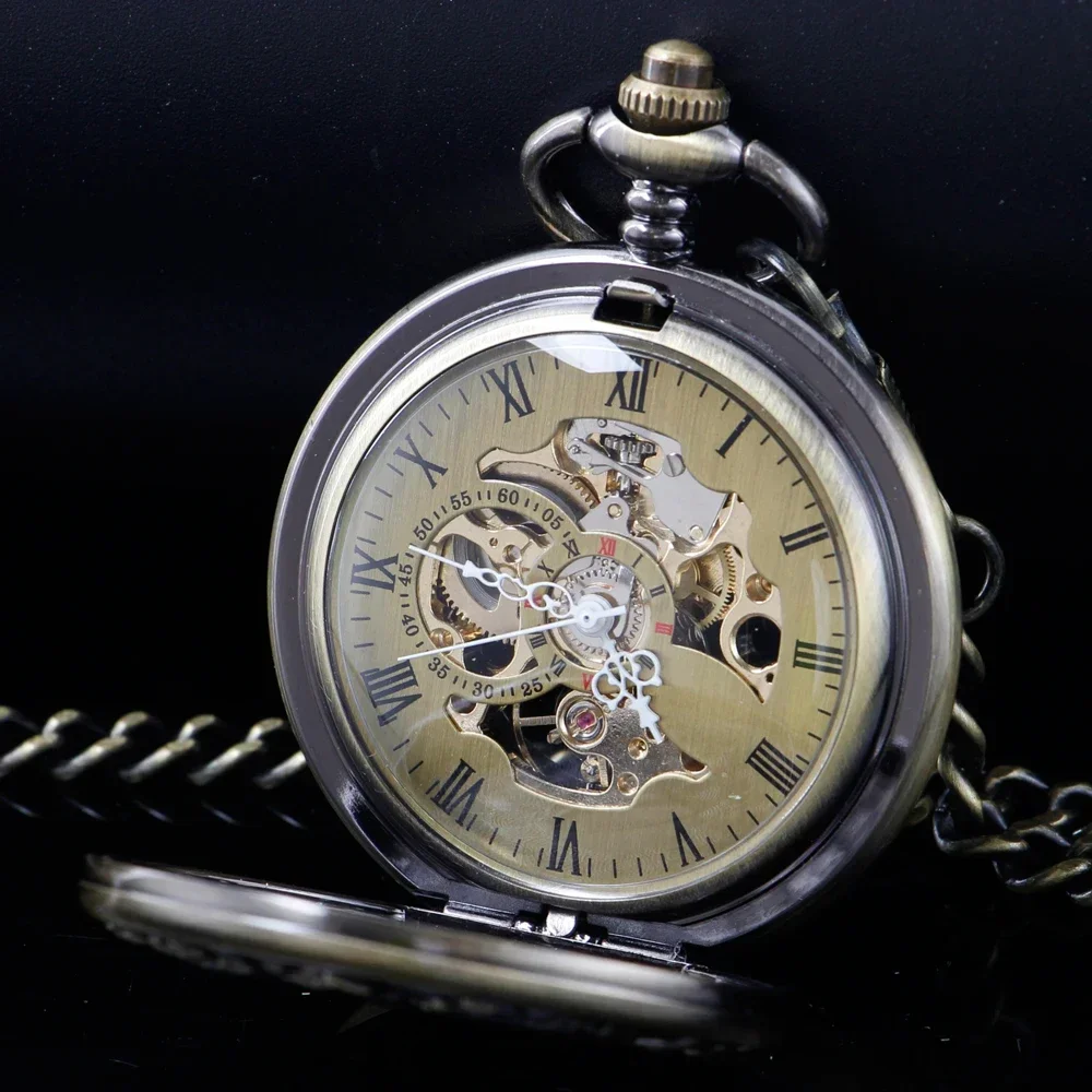 Hollow Bronze Steampunk Pendant for Men Women Hand Winding Mechanical Pocket Watch Roman Numerals Skeleton Watches FOB Chain