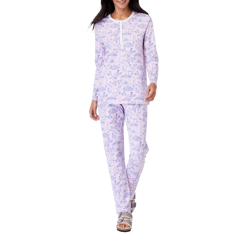 Ensemble de pyjama 2 pièces assressentipour femme, manches longues, col rond, t-shirt boutonné, motif animal de dessin animé en Y, pantalon imprimé, vêtements de nuit pour femme