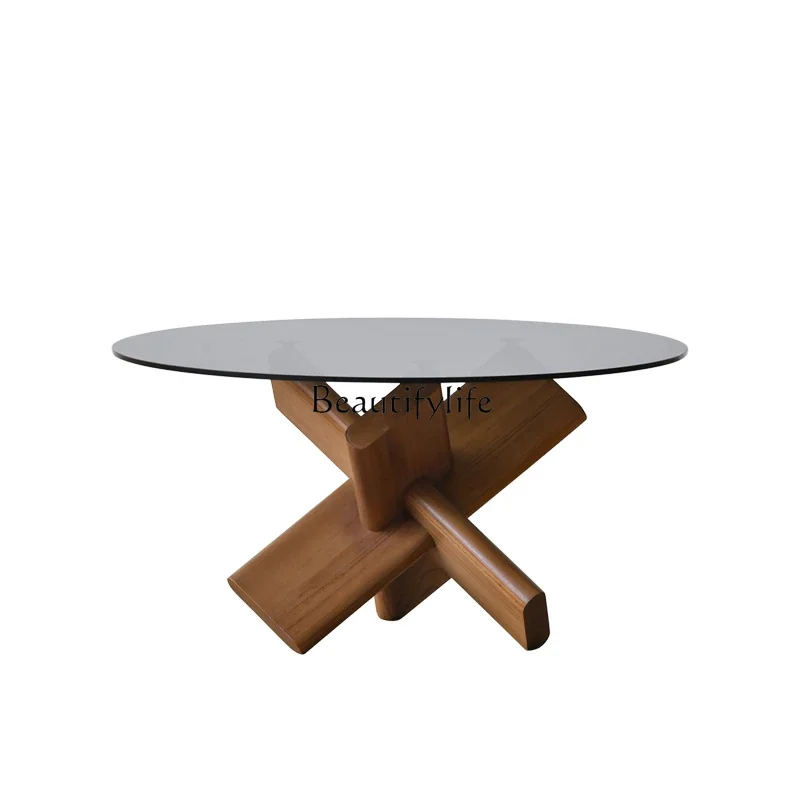 

LD33Nordic Simple Silent Teak Solid Wood Glass Coffee Table Living Room round Side Table