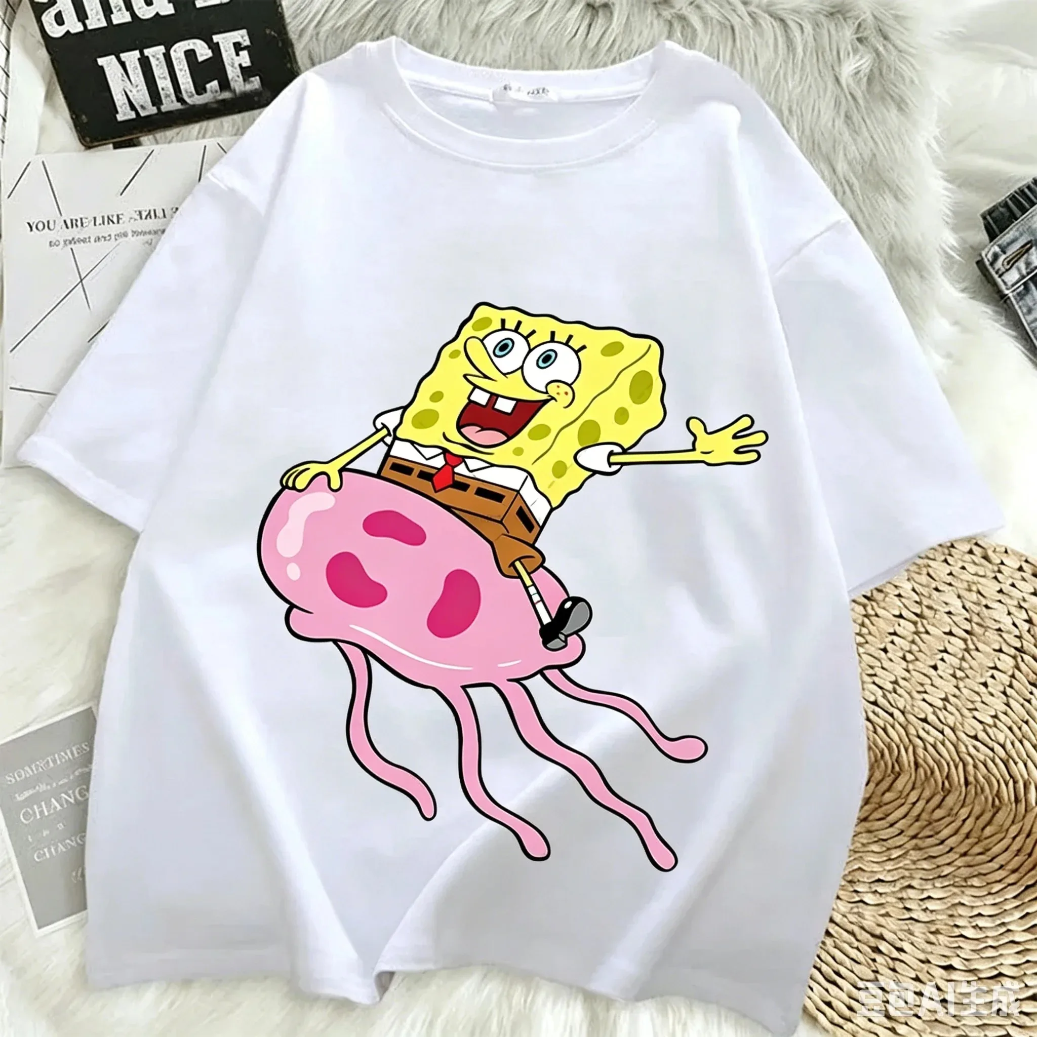 SpongeBob Schwammkopf T-Shirt Patrick Star Fischerboot-Print Tee Sommer Unisex Harajuku Streetwear Lustiges Cartoon-Oberteil – Detail 10
