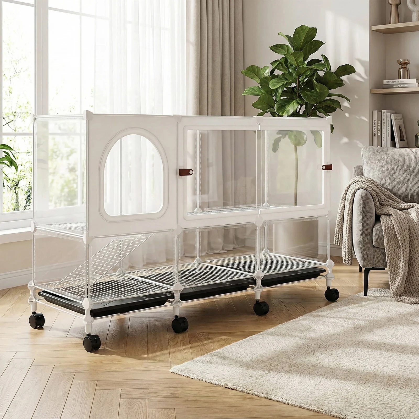 

2-Tier Metal Rabbit Breeding Cage with Pull Out Tray Clear Panel Critter Cage with Wheels 105x35x66cm for Guinea Pig Chinchillas