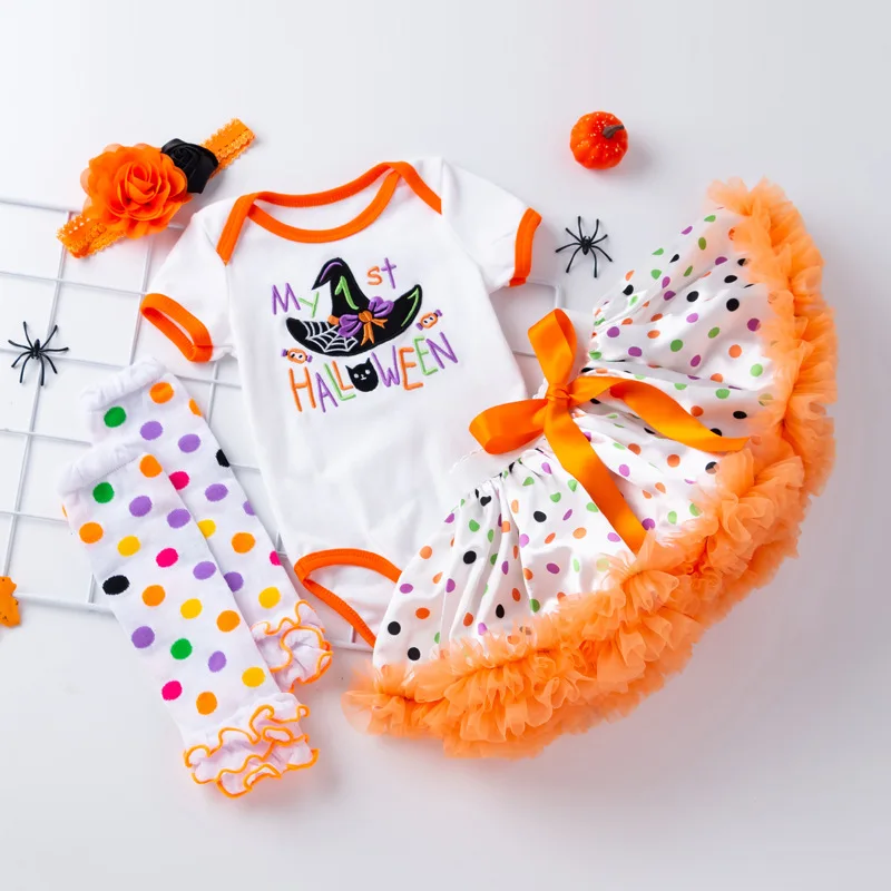 

Halloween Children's Clothing Wholesale Hot Sale Baby Cartoon Witch Hat Embroidered Harness Princess Dress Set