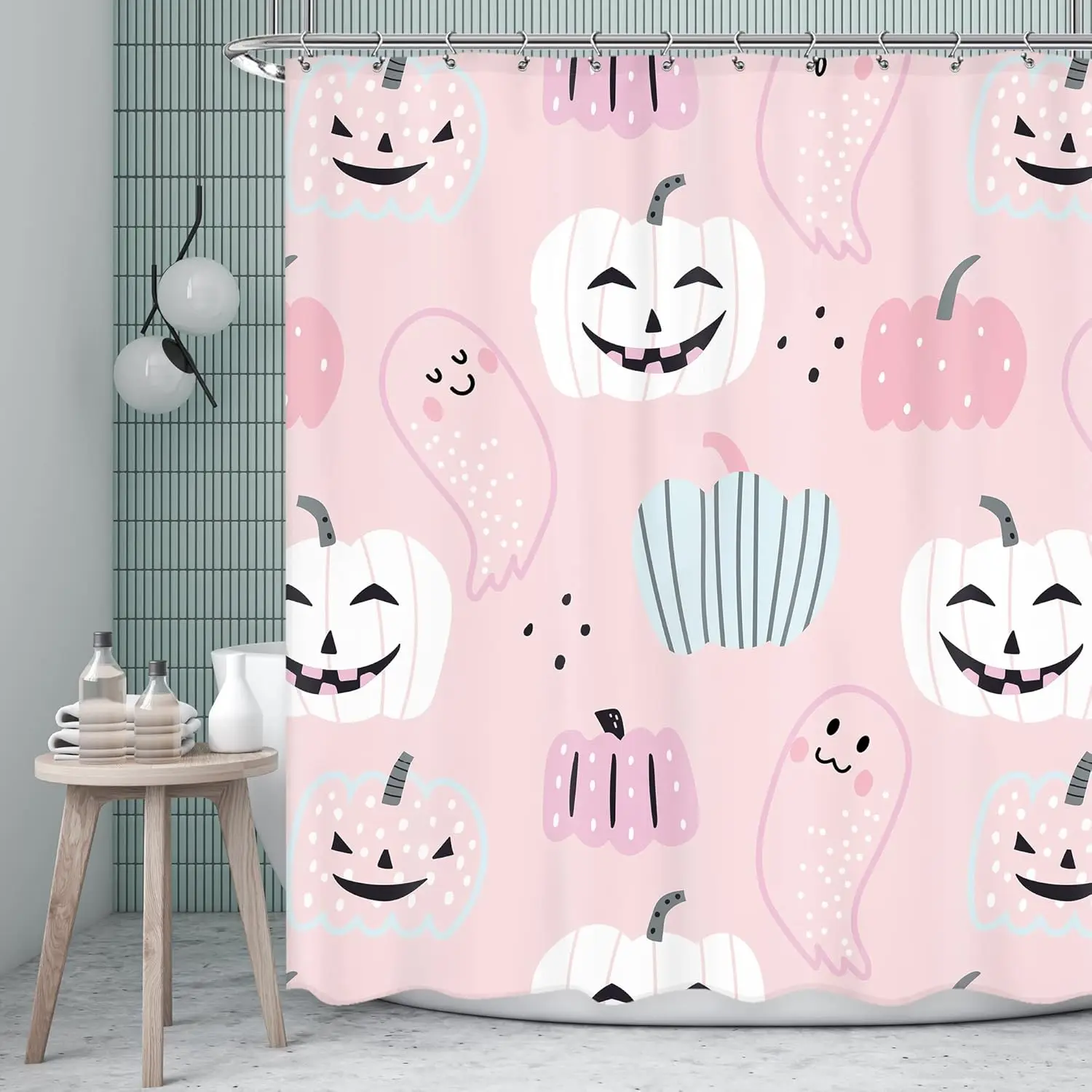 

Pink Halloween Shower Curtain Cute Pumpkins Ghosts Cartoon Design Pastel Theme Kids Bathroom Decor Waterproof Fabric Fun Art