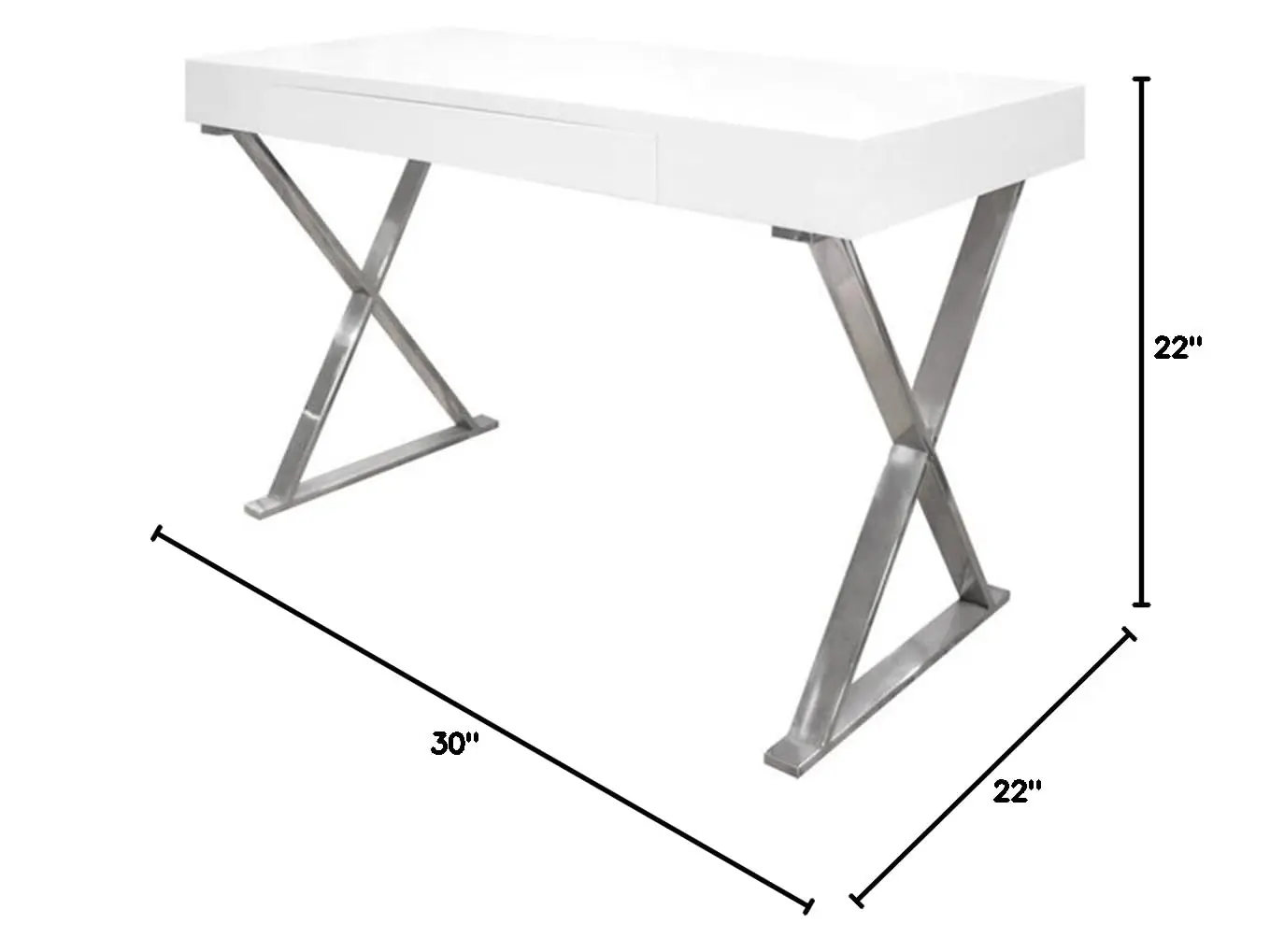 Modern Computer Desk 47x22x30in Engineered Wood High Gloss White Stainless Steel Frame Chrome Legs Office Study Desk, Customized