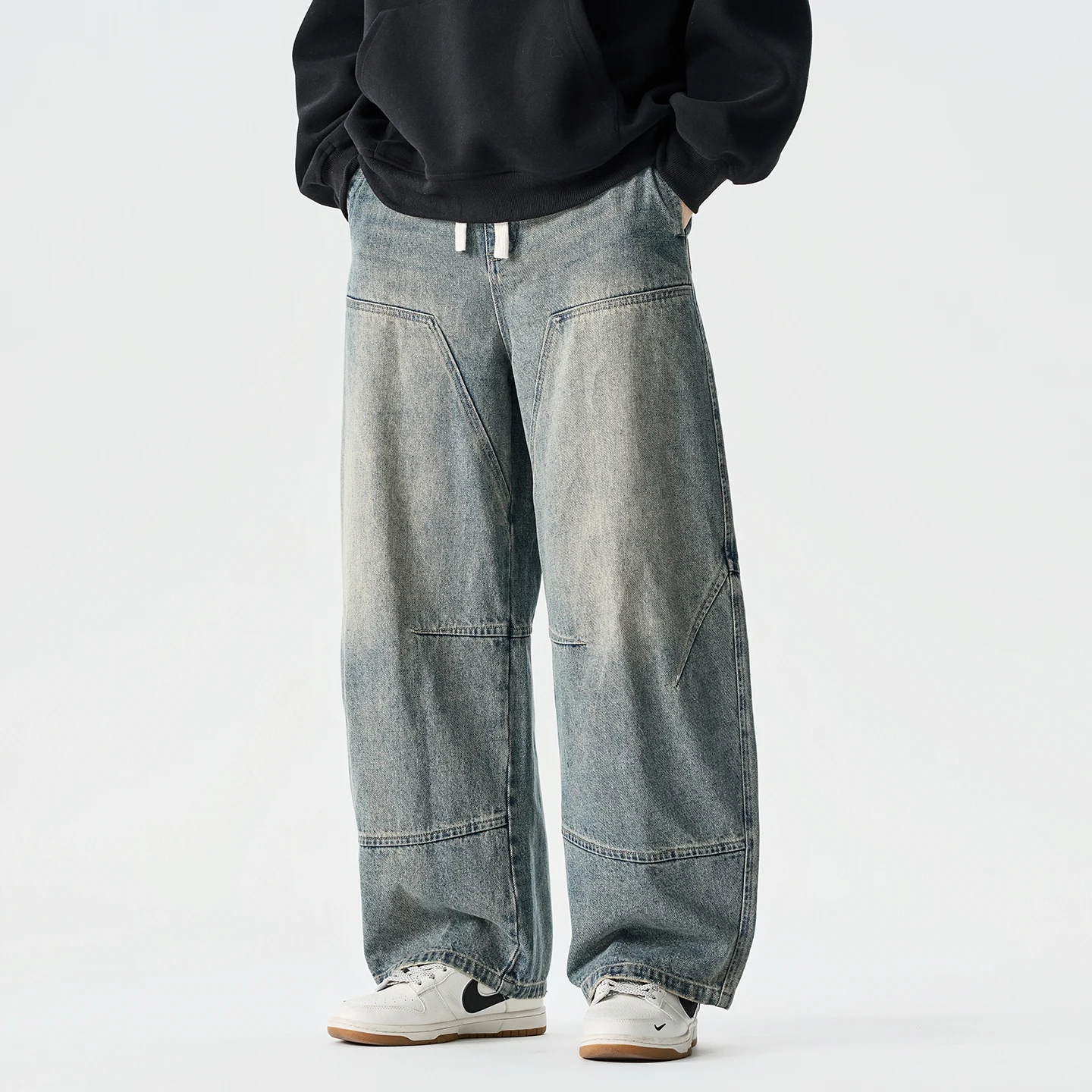 2026 Spring Men Denim Pants Men Vintage Elastic Waist  Black Jeans Pants Male Harajuku Hip Hop Cotton Oversize Wide Leg Trousers