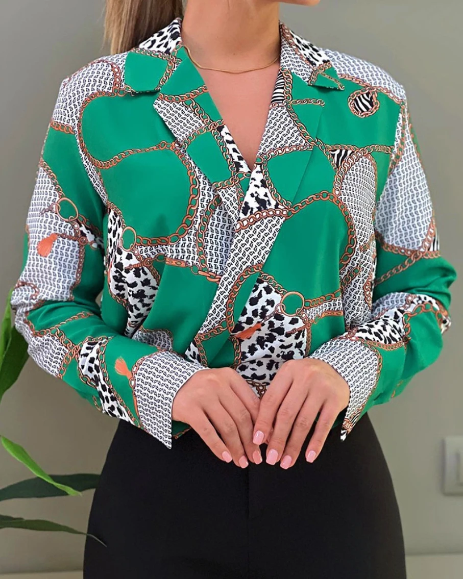 Damen-Bluse mit langen Ärmeln, V-Ausschnitt, Ketten- und Tiermuster-Patchwork – lässige, schicke Bürokleidung (4 Farben: Schwarz, Orange, Pink, Grau) – Detail 7