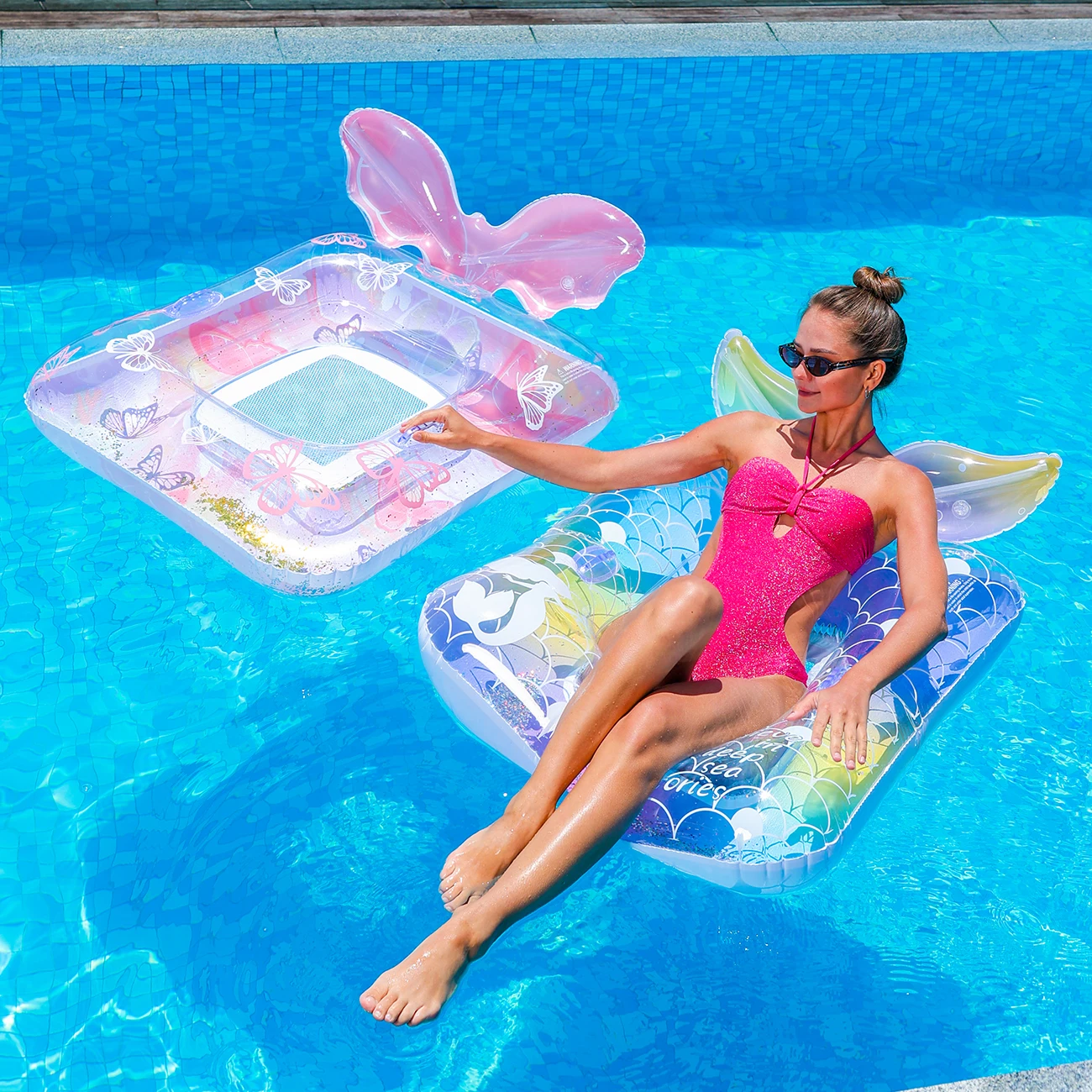 1PC Inflatable Mermaid Butterfly Pool Float with Canopy Pool Hammock Tanning Pool Pool Floats Beach Chair Beach Essentials